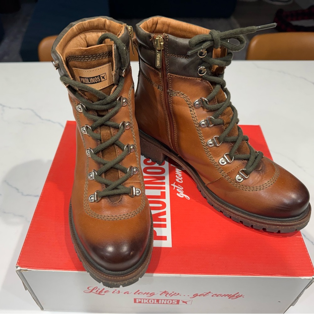 PIKOLINOS Aspe Tan and Dark Brown Leather Lace-Up Ankle Boots - Brandy Leather